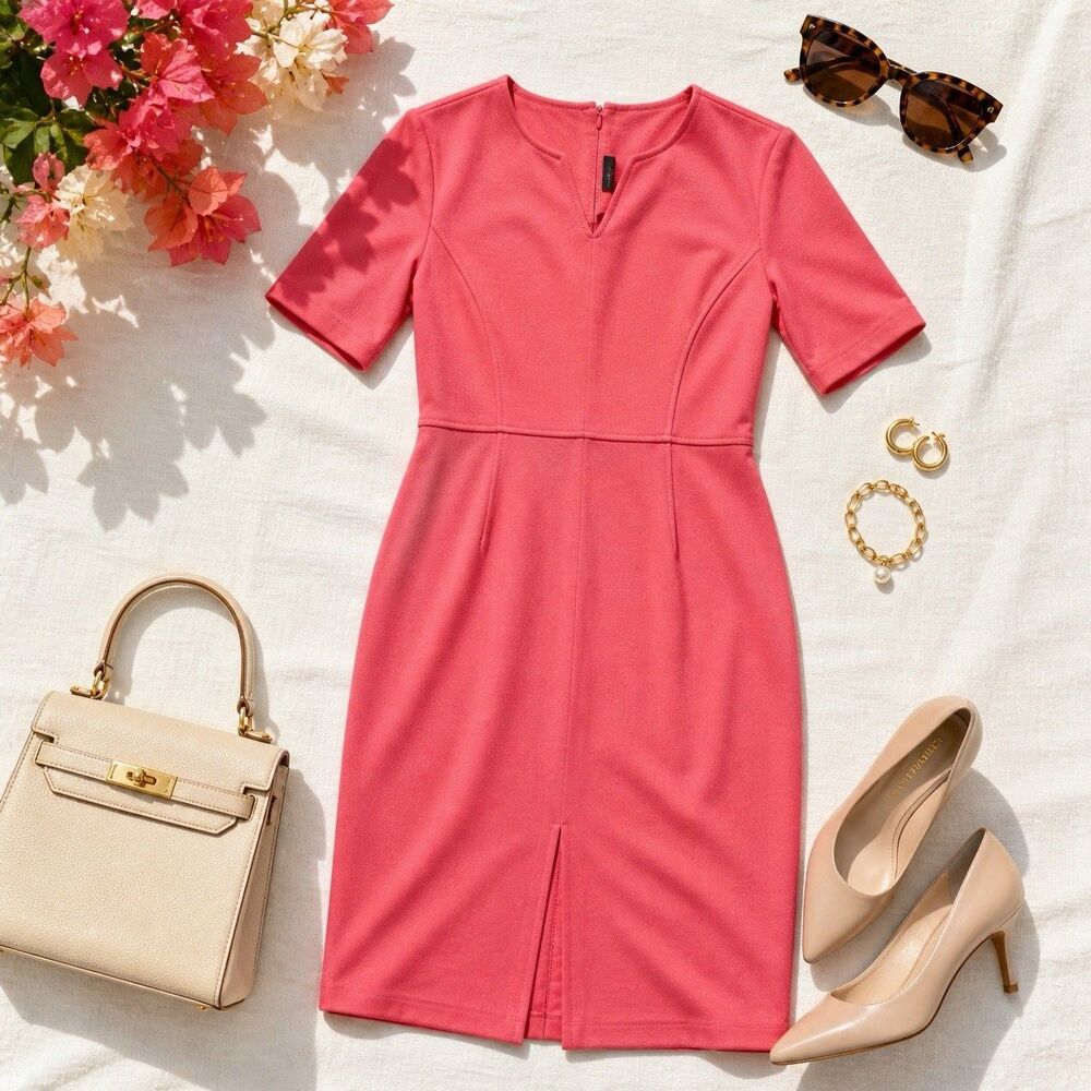 St John Knit Dress Wool Rayon Coral Pink Sheath Front Slit Career Occasion 8